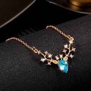 Christmas Holiday Charming Deer Reindeer Necklace with Artificial Blue Crystal